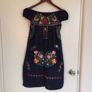 Navy Oaxacan Mexican Embroidered Tunic Mini Dress